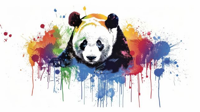  A black-and-white painting of a panda bear with paint splatters on its face