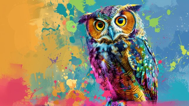  An image of an owl perched on a tree branch, adorned with vibrant colors and scattered paint patches on its feathers