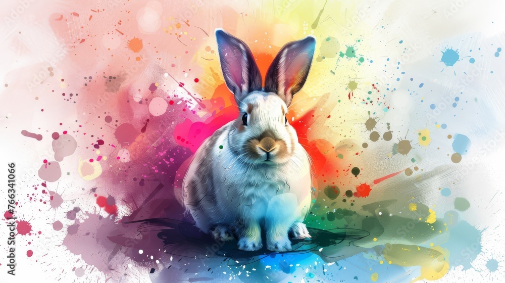Aufkleber a rabbit in front of a multicolored background with splatters of paint