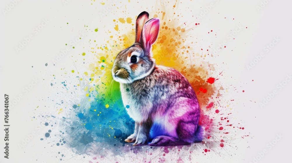 Wall mural  Rabbit painted against white backdrop, colorful splash - Wall murals