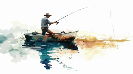 Fisherman Fishing Watercolor flat vector 