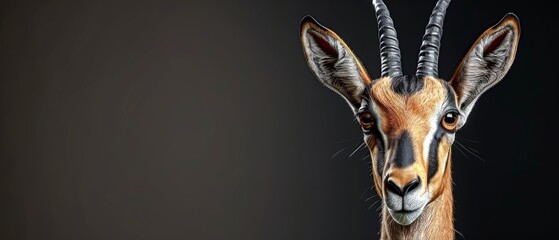  A close-up of an antelope's head with long horns against a black backdrop with copy space for optimal use - obrazy, fototapety, plakaty