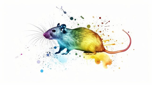  A rat portrait with paint splatters on its face and tail against a white backdrop