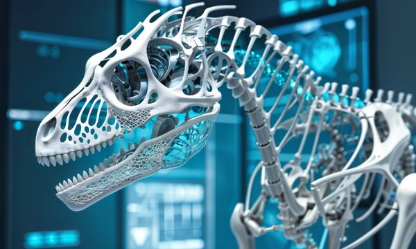 A T-Rex skeleton with an open mouth on a blue background.