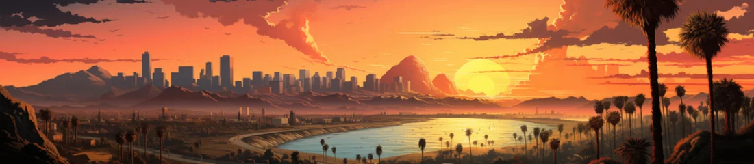 Foto op Plexiglas Warm oranje Sunset Los Angeles city, USA landscape cartoon stye