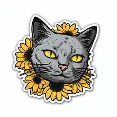 cat in sunflowers, sticker on white background