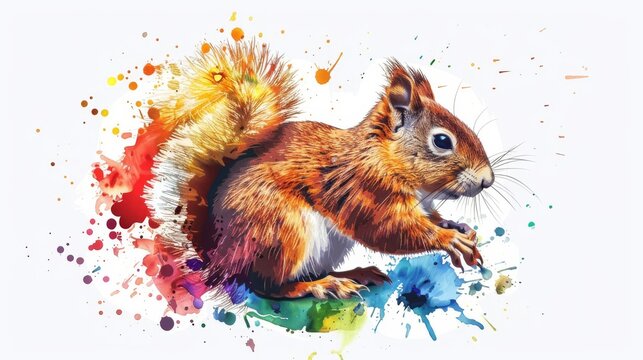  A watercolor illustration depicts a squirrel seated atop a sheet of paper covered in splattered paint