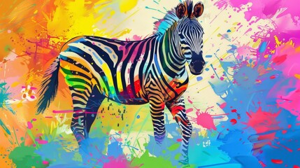 Fototapeta na wymiar A zebra standing before a colorful backdrop with splattered paint