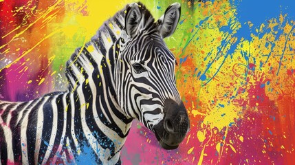  A zoomed-in photo of a zebra standing near a vibrant, splattered-wall background