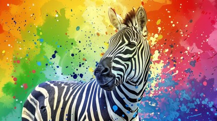 Fototapeta premium A macro shot of a zebra against a vibrant, abstract backdrop with smeared paint