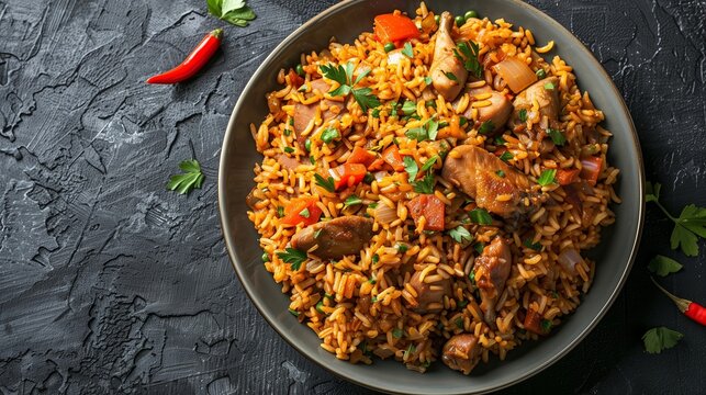 Delicious Jollof rice with chicken and vegetables, garnished with parsley, traditional West African cuisine, perfect for recipe websites and culinary guides
