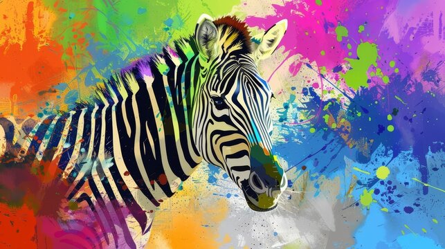  A black-and-white striped animal poses against a colorful backdrop, its visage smeared with specks of paint