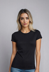 Obraz premium Blonde young woman wearing jeans and blank black t-shirt with copy space for text, logo, branding, print design. Front view. Attractive female model poses in black t-shirt in photo studio.