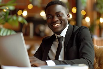 Businessman, digital nomad or freelancer working on a laptop in a cozy cafe. Productivity and tranquility, as the person blends remote job and relaxation in a comfortable environment.