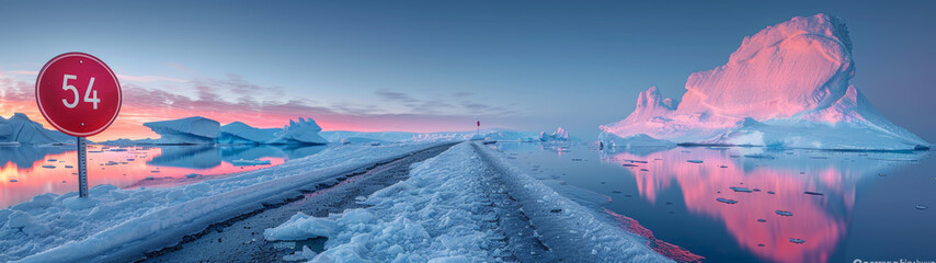 Fototapeta na wymiar Stunning panoramic image of a snowy road leading towards a massive iceberg illuminated by pink hues of the sunset sky