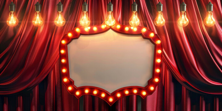 empty blank white  vintage movie theater marquee sign hanging on red velvet curtains with light bulbs around the edges. 