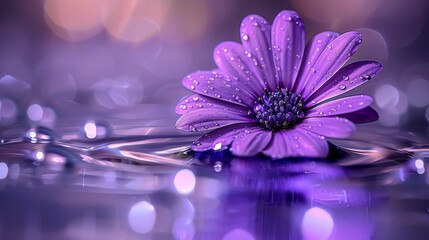  A purple flower close-up on a water surface, with water droplets on petals, and a hazy backdrop