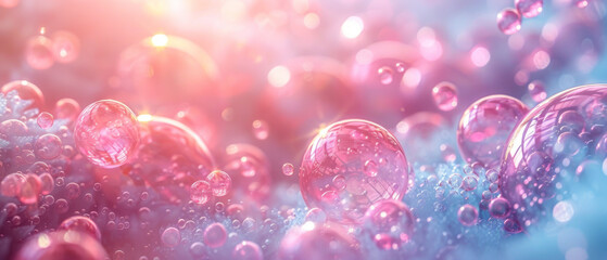 Close-up of multiple bubbles against a soft blue background, providing a dreamy bokeh effect with touches of pink - obrazy, fototapety, plakaty