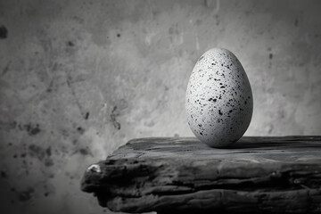 a black and white photo of an egg sitting on top of a piece of wood in front of a concrete wall.