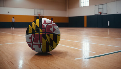 Maryland flag is featured on a basketball. Basketball championship concept.