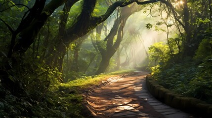 A winding forest trail surrounded by dense foliage and sunlight filtering through the branches.