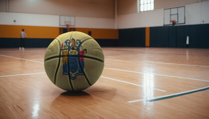 New Jersey flag is featured on a basketball. Basketball championship concept.