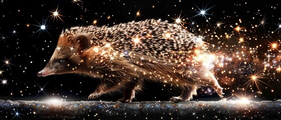  A porcupine strolls under starry skies, tail curled and eyes wide open