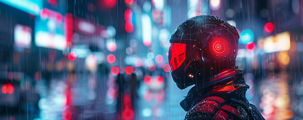 Cybernetic-Enhanced Agent, Corporate Uniform, Elite agent with implanted AI, patrolling neon-lit cityscape, Rain - obrazy, fototapety, plakaty