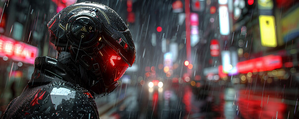 Cybernetic-Enhanced Agent, Corporate Uniform, Elite agent with implanted AI, patrolling neon-lit cityscape, Rain