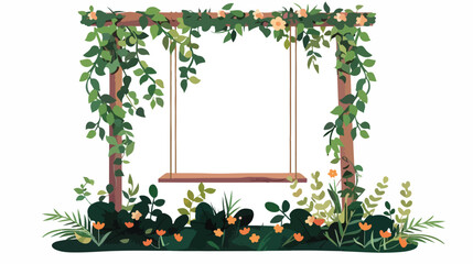 Floral Overgrown Wooden Swing flat vector isolated on