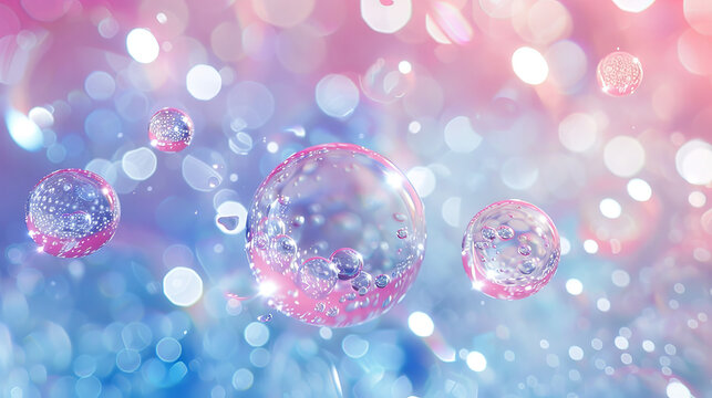 This image captures sparkling bubbles with light flares against a shimmering bokeh background