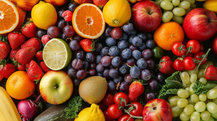 Fresh fruits, berries and vegetables background - 766342610