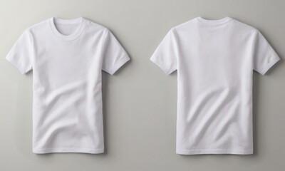 Mock up of blank white t-shirt with copy space for text, logo, branding, print design. Template of both sides of t-shirt with short sleeve and round neck on white background. Front and back view  - obrazy, fototapety, plakaty