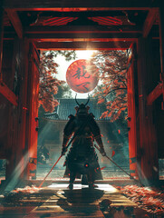 Cybernetic samurai, wielding a laser katana, standing at the entrance of an ancient temple adorned with holographic symbols - obrazy, fototapety, plakaty