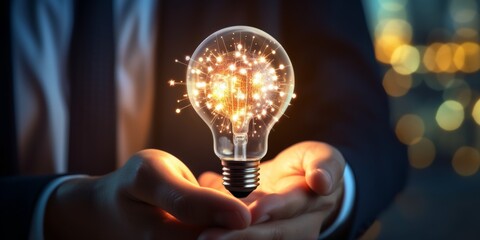 Businessman holding light bulb and brain with data network digital technology, Generative AI.