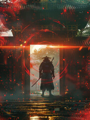 Cybernetic samurai, wielding a laser katana, standing at the entrance of an ancient temple adorned with holographic symbols
