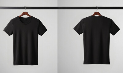 Mock up of blank black t-shirt hanging on a rack with copy space for text, logo, branding, print design. Template of casual t-shirt close up for men or women on white background. Front and back view