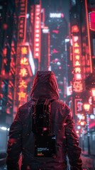 Obraz premium Cyberpunk Hacker, LED suit, Urban explorer in a futuristic city, Neon lights and skyscrapers, Night