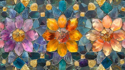  A macro shot of a colored glass pane exhibiting a floral motif at its center