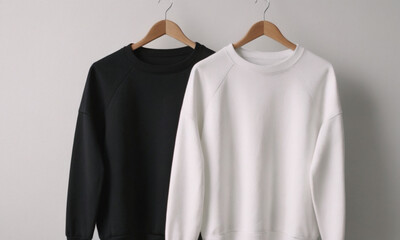 Mock up of blank white and black sweatshirts hanging on a rack with copy space for text, logo, branding, print design. Template of sweater, hoody with long sleeve and round neck. Front view