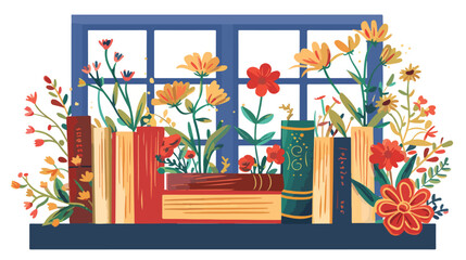 Floral Window with Books flat vector isolated on white