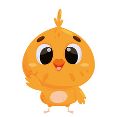 Little chick waves its wing in greeting and smiles