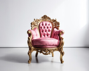 Luxury Antique Pink Velvet Armchair with Gold Trim on a white background, Vintage Furniture