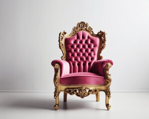 Luxury Royal Pink Armchair with Gold Trim on a White Background. Antique Furniture, Vintage style