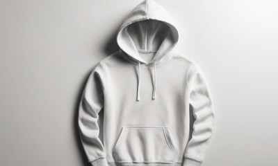 Mock up of blank white sweatshirt or hoodie with copy space for text, logo, branding, print design. Template of oversize sweater with hood, hoody with long sleeve on grey background. Front view 