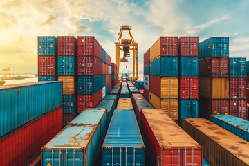 Fototapeta premium Logistics and transportation of container cargo with working crane bridge.