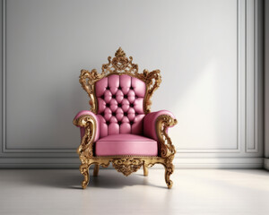 Luxury Pink Armchair with Gold Trim in white interior. Antique Furniture, Vintage style