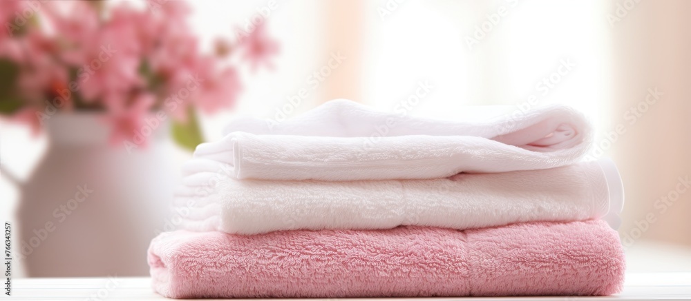 Poster neatly folded towels of various colors arranged on a flat surface