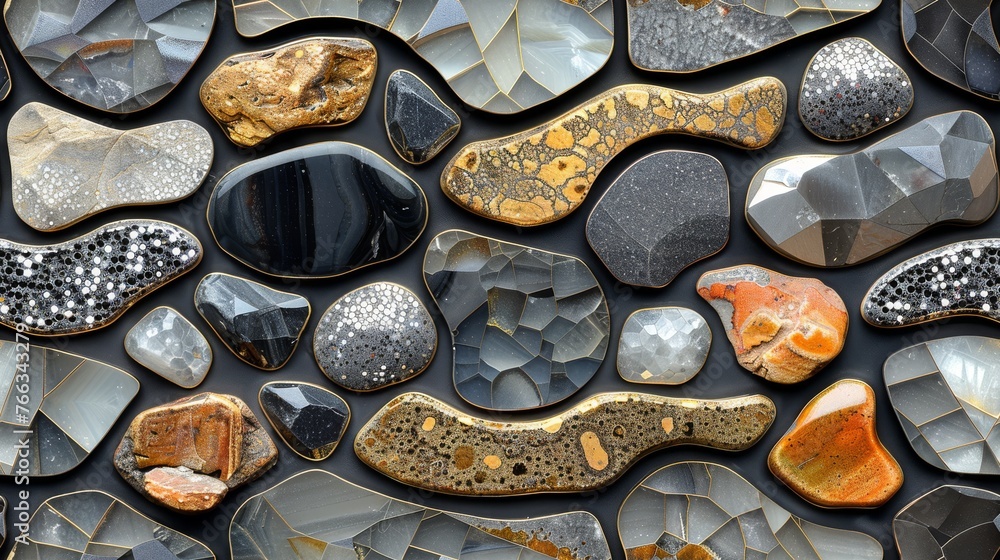 Poster a rock cluster with varied forms and magnitudes on a dark canvas