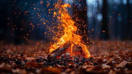 A campfire surrounded by lush foliage, flames flickering upwards from the ground